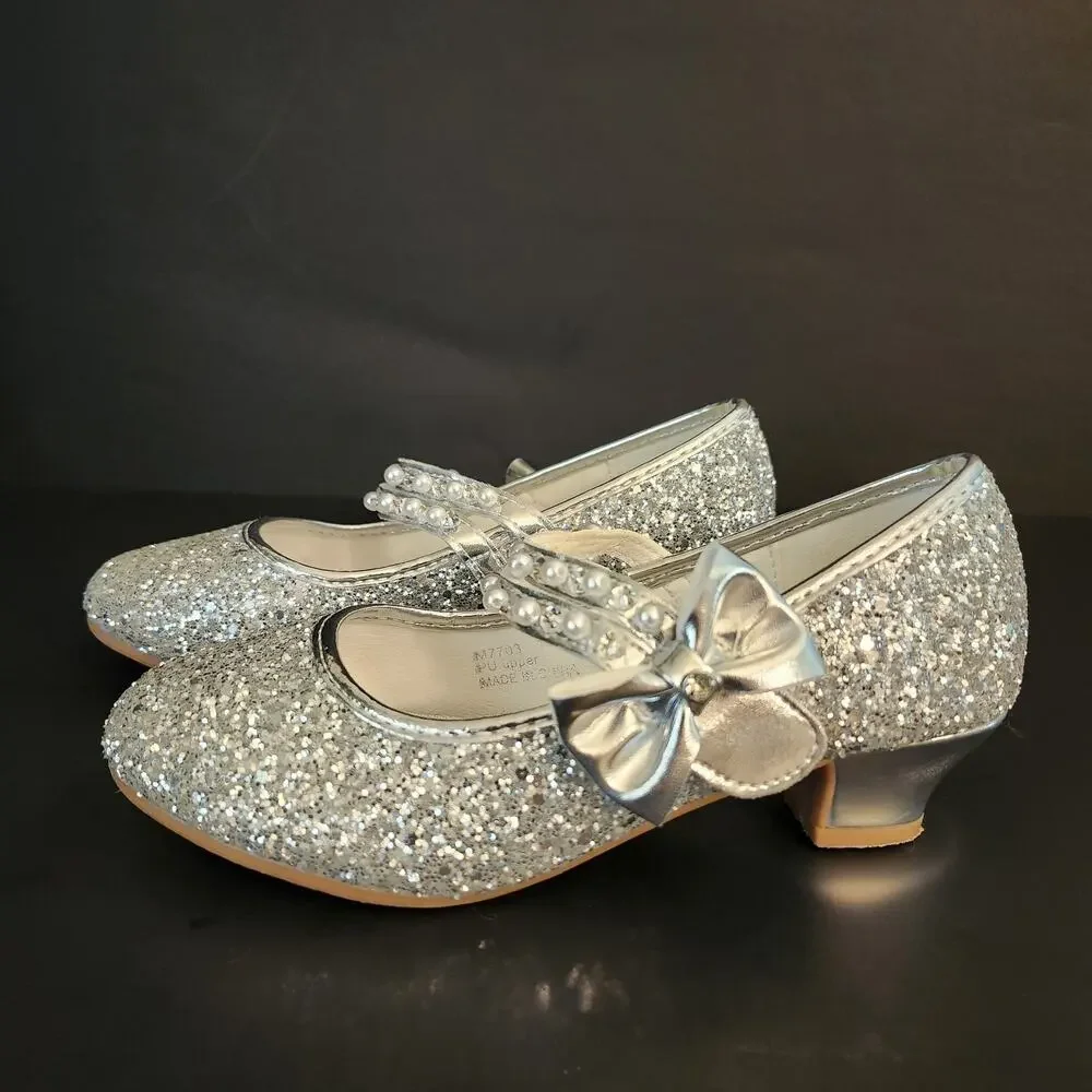 Girls Motasha Low Heel Dress Shoes Silver Glitter Pumps Sz 1 M Pearls & Beads